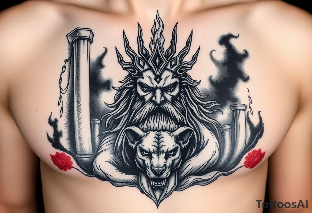 1. Hades y el Inframundo (versión oscura y elegante)
Rostro de Hades con corona de espinas de fuego negro.

A sus pies, Cerbero, el perro de tres cabezas, emergiendo entre sombras o llamas oscuras.

Fondo con columnas rotas, cráneos o el río Estigia como corriente negra que atraviesa el pectoral tattoo idea