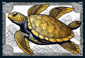 Golden shelled turtle wrapped with a gold dragon, 20 sea sparrows in flight around the turtle and dragon, fire controlman rating symbol tattoo idea
