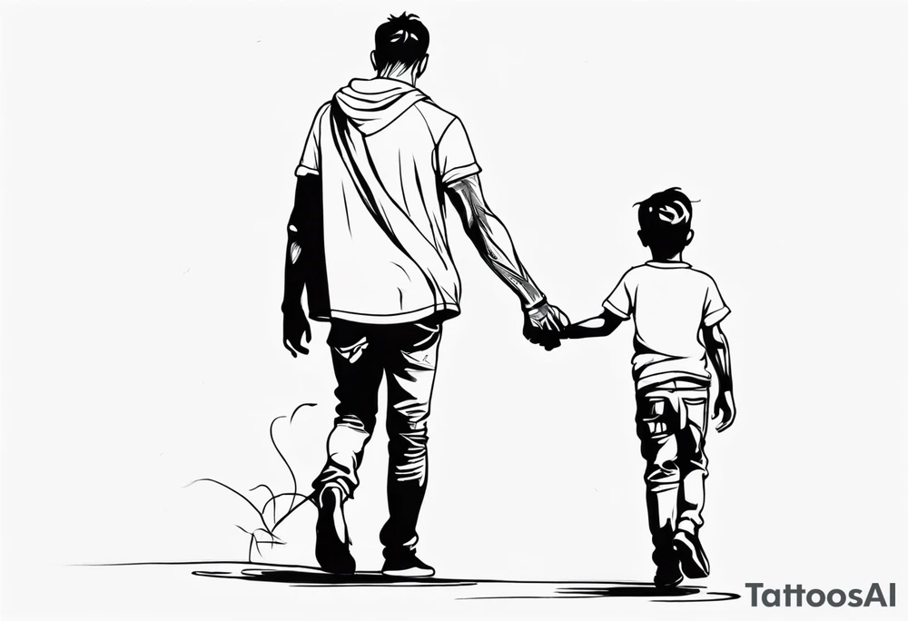 father and son walk away holding hands, one line tattoo idea