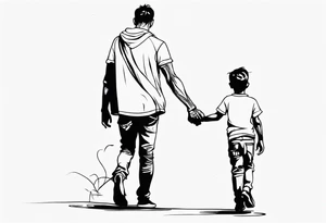 father and son walk away holding hands, one line tattoo idea
