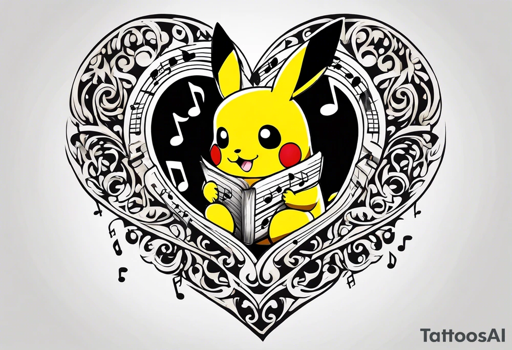 Pickachu squeezing a heart made from a trouble clef and music notes tattoo idea