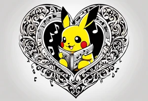 Pickachu squeezing a heart made from a trouble clef and music notes tattoo idea