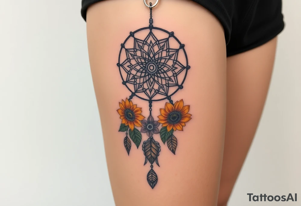 Dreamcatcher with zodiac symbols and protection runes caught in it with tigerlillies roses and sunflowers tattoo idea