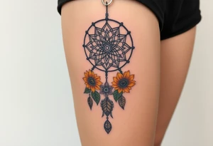 Dreamcatcher with zodiac symbols and protection runes caught in it with tigerlillies roses and sunflowers tattoo idea