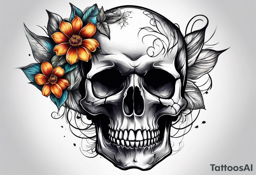 skull with one flower growing out of its head tattoo idea