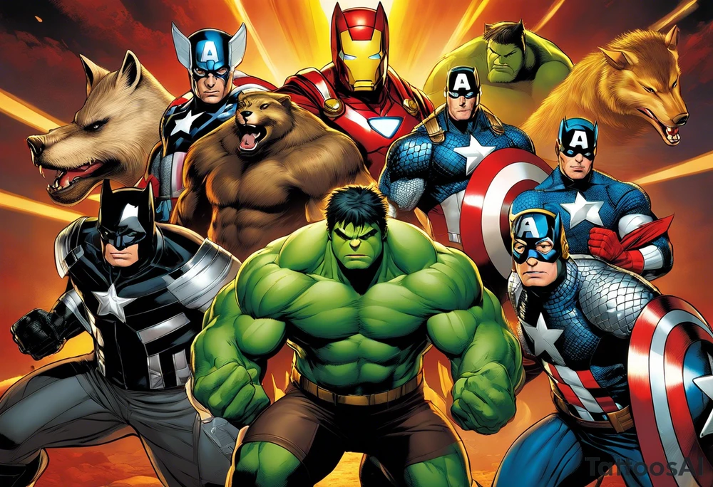 A super hero team which is combination of animals. For example:
Hulk will be represented by a Badger.
Thor will be depicted as an Alpha Grey Wolf.
Captain America will be symbolized by a Bull.
Iron Man's character will be embodied by a Canary.
Black Widow's role will be portrayed by an Axolotl.
Hawkeye will be depicted as a Sudan Plated Lizard.
Nick Fury will be represented by a Cat. tattoo idea