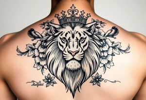 powerful majestic lion with a crown, surrounded by floral ornaments and birds tattoo idea
