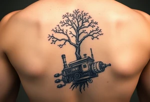 tree grown into an engine steam punk floating through the sky, machine is a home and a flying machine 
in color tattoo idea