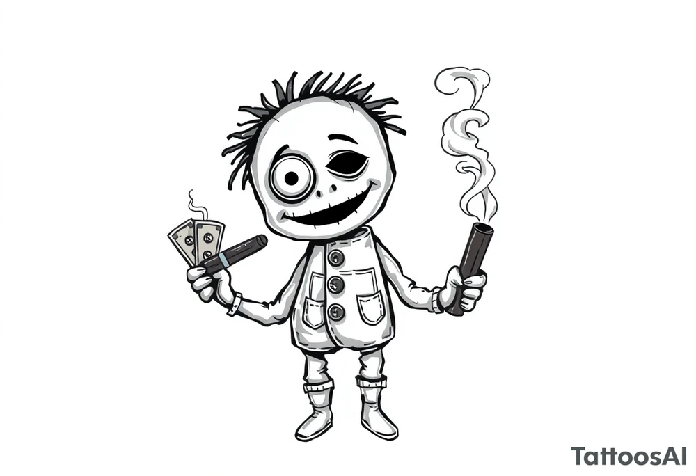 Stitched up rag doll with a button as one eye and some thread as the other. Holding some money in one hand and a cigar in the other hand. Smoke pouring off the cigar with the cloud of smoke above spelling out the word DOPE tattoo idea