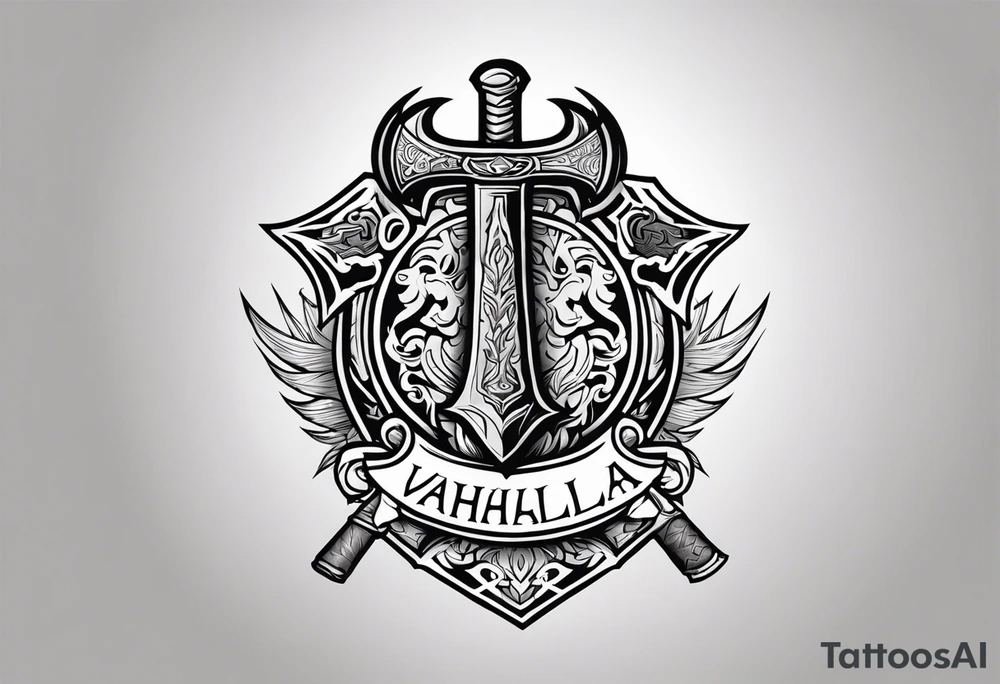 valhalla on fire sword shield axe tattoo idea