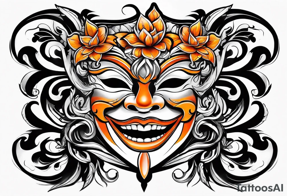 Laughing mask that is orange and black tattoo idea
