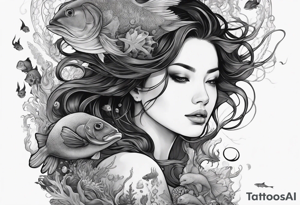 Full-body portrait of an ethereal woman of the sea surrounded by deep sea creatures. tattoo idea