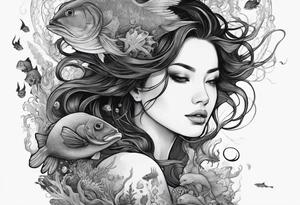 Full-body portrait of an ethereal woman of the sea surrounded by deep sea creatures. tattoo idea