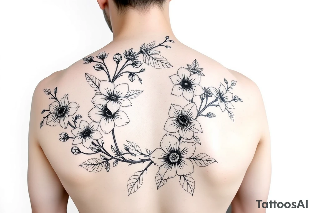 Full sleeve tattoo design of larkspur and hawthorn flowers, highly detailed line art, black ink, elegant botanical style, intertwined composition, no shading, no human mock-up, clean stencil style suitable for tattooing, fit fully within boundaries. LINE ART ONLY, REMOVE HUMAN, NO SKIN tattoo idea
