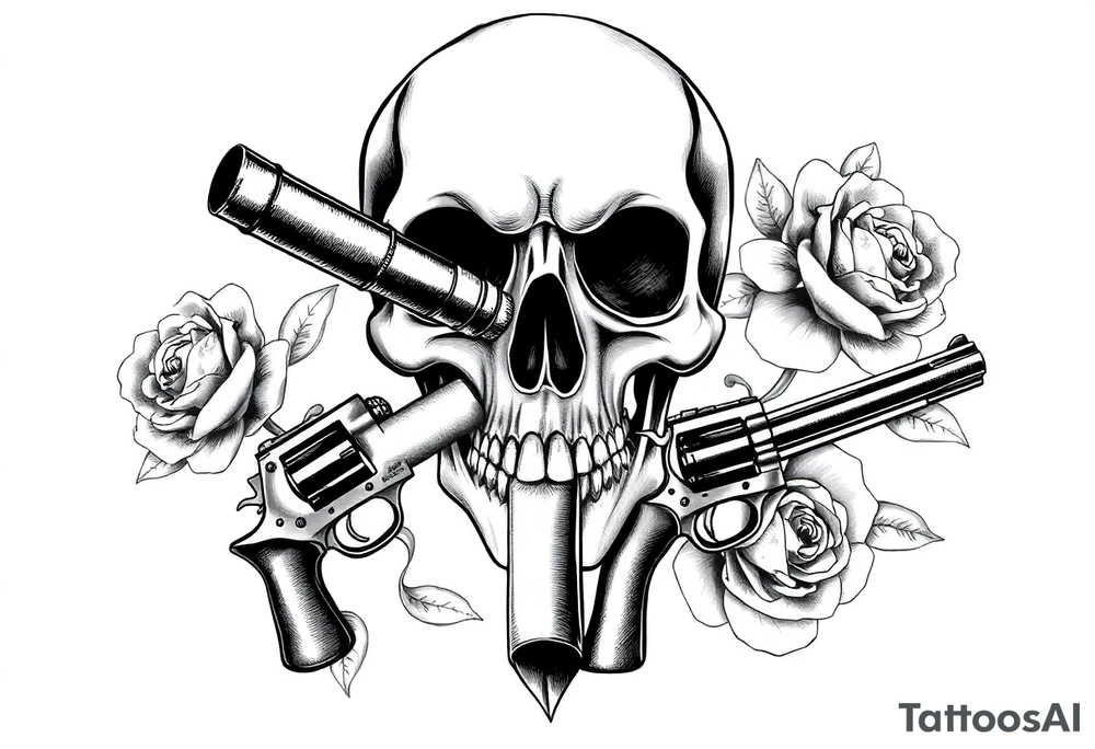 Skull with a large cigar, crossed revolvers, and blooming roses. tattoo idea