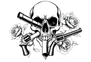 Skull with a large cigar, crossed revolvers, and blooming roses. tattoo idea