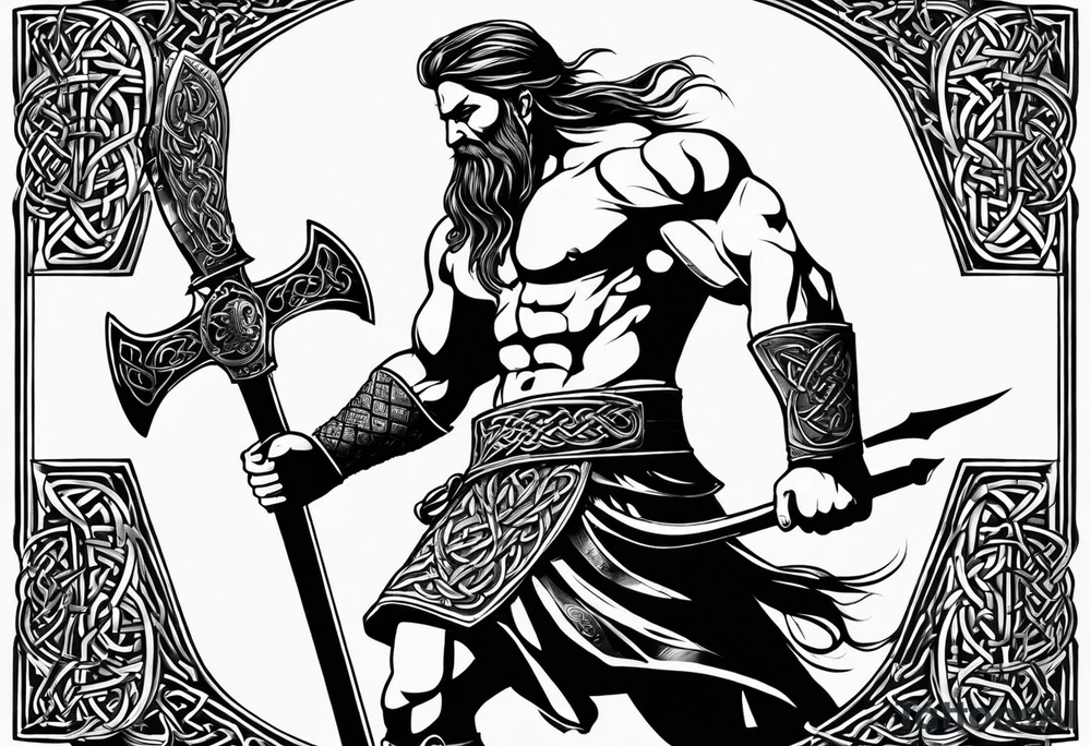 Side full body shot of Celtic warrior with sword and axe. tattoo idea