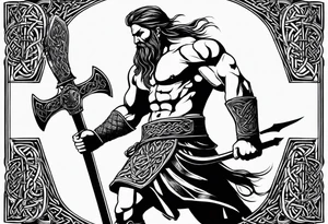 Side full body shot of Celtic warrior with sword and axe. tattoo idea