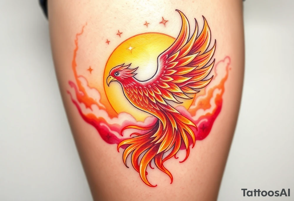 magnificent  phoenix rising from flames with trailing embers  and golden sunset and sky with puffy clouds and heaven backdrop pinks reds orange and yellows and golds with sparkles tattoo idea
