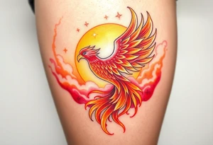 magnificent  phoenix rising from flames with trailing embers  and golden sunset and sky with puffy clouds and heaven backdrop pinks reds orange and yellows and golds with sparkles tattoo idea