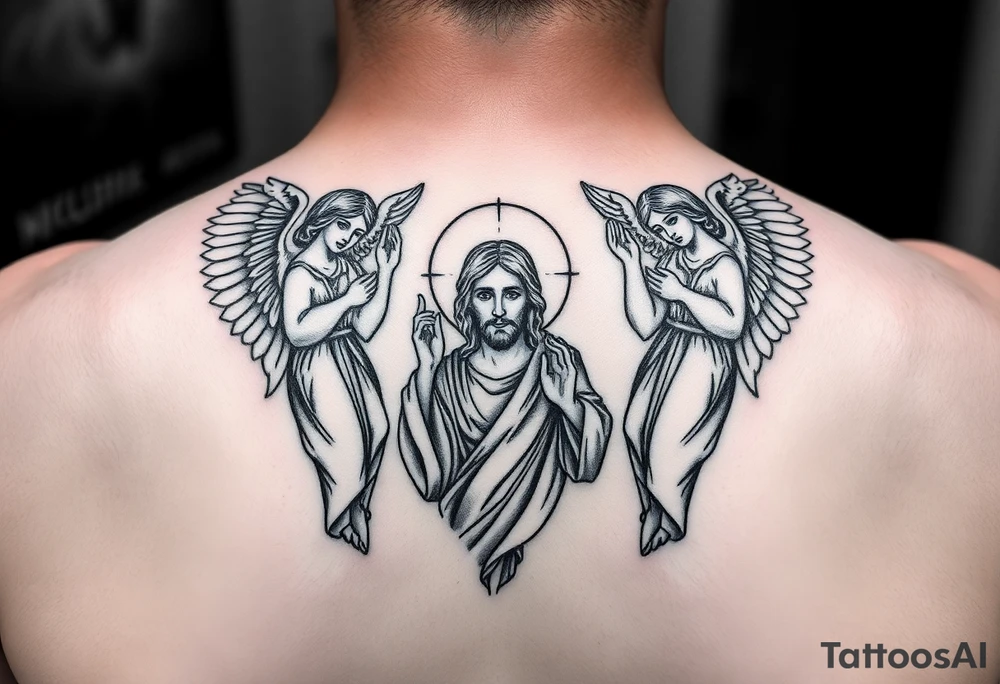 russian orthodox symmetrical guardian angel icon on left and right side of back with both angels holding up a jesus potrait tattoo idea