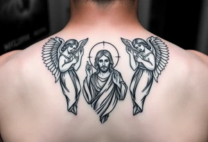 russian orthodox symmetrical guardian angel icon on left and right side of back with both angels holding up a jesus potrait tattoo idea