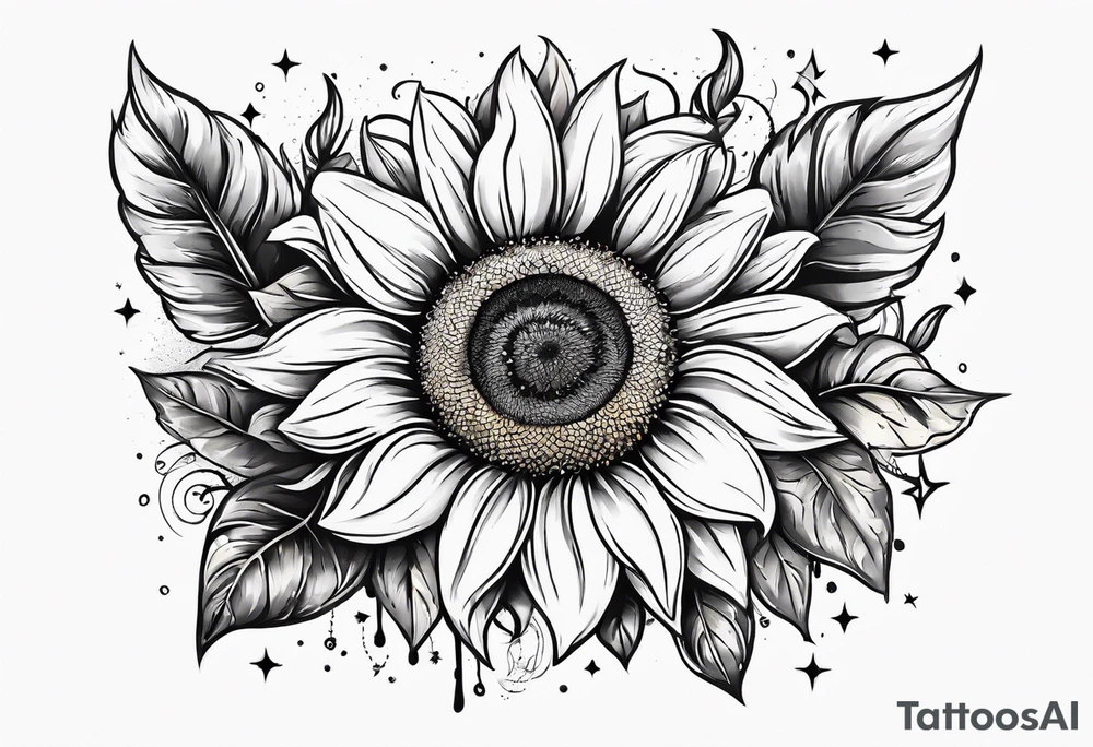 elegant tattoo design with sunflower surrounded by circle of little stars and arrow tattoo idea