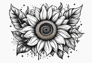 elegant tattoo design with sunflower surrounded by circle of little stars and arrow tattoo idea