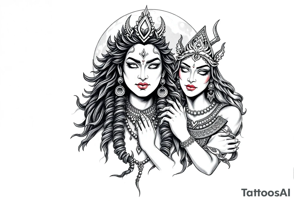 Lord Shiva, Godess Kali, Godess Lilith Together with the moon in the background tattoo idea