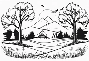 Very light and minimalstic picnic scene on meadow. A blanket with only a picnic-basket with lid on it. Pennants in two trees. Thin lines. tattoo idea