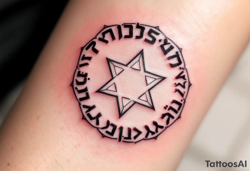 A circle of protective Hebrew letters in deep crimson, enclosing a radiant white star. tattoo idea