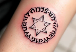 A circle of protective Hebrew letters in deep crimson, enclosing a radiant white star. tattoo idea