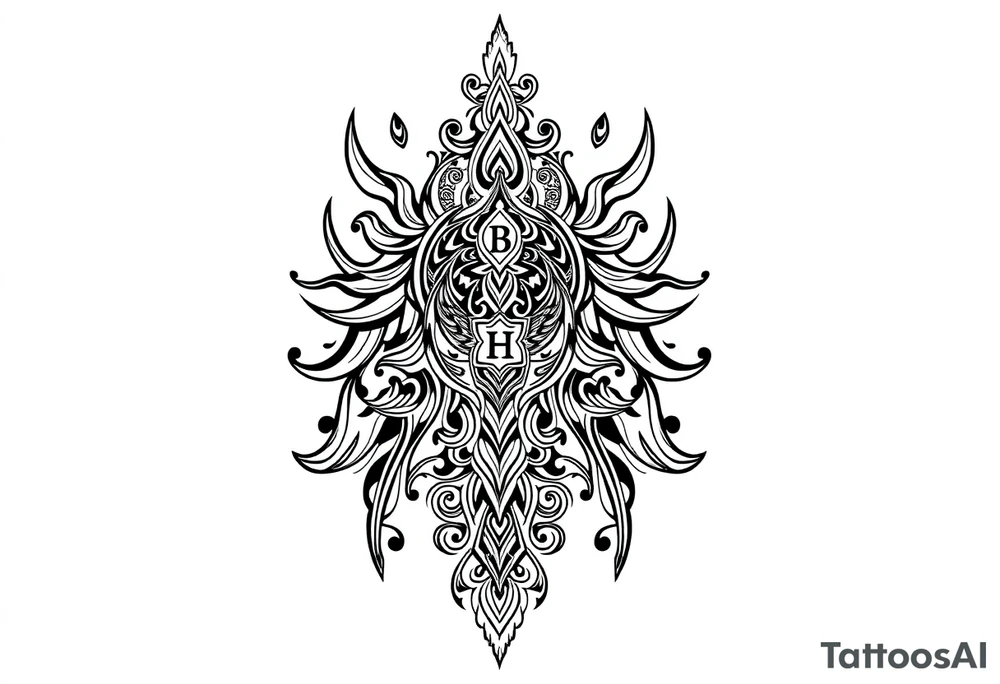 long ornament shaman style mytical with ancient rhyme letters tattoo idea