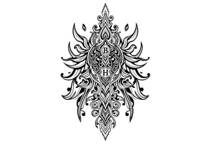 long ornament shaman style mytical with ancient rhyme letters tattoo idea