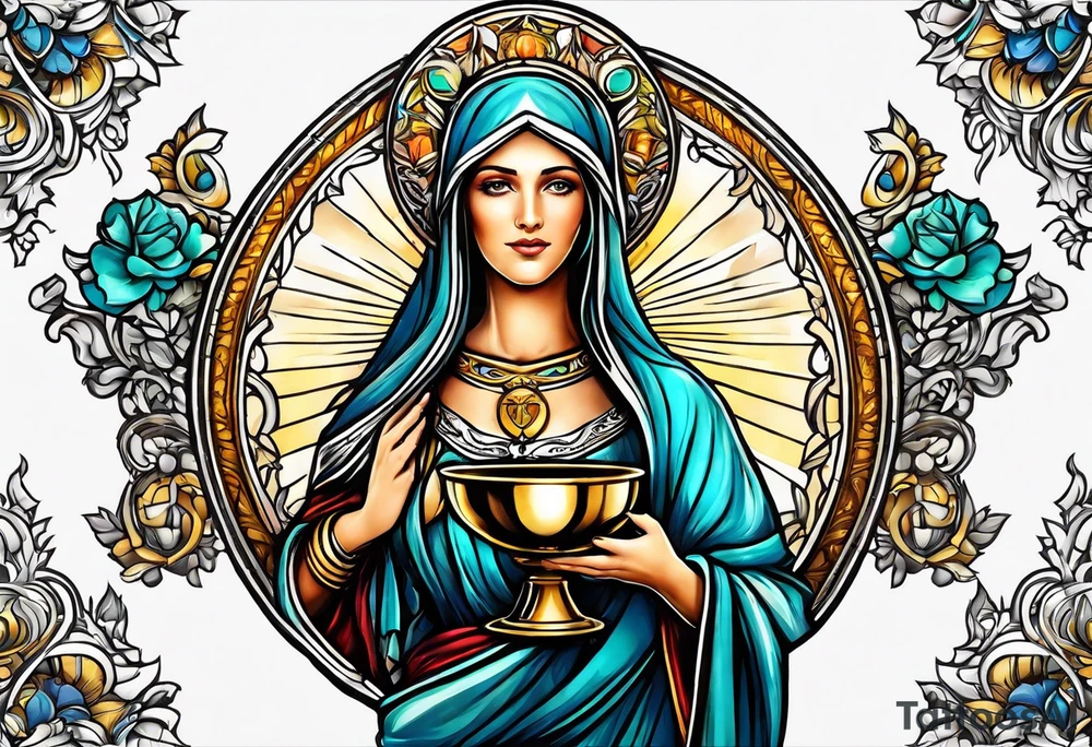holy saint woman with halo holding a chalice tattoo idea