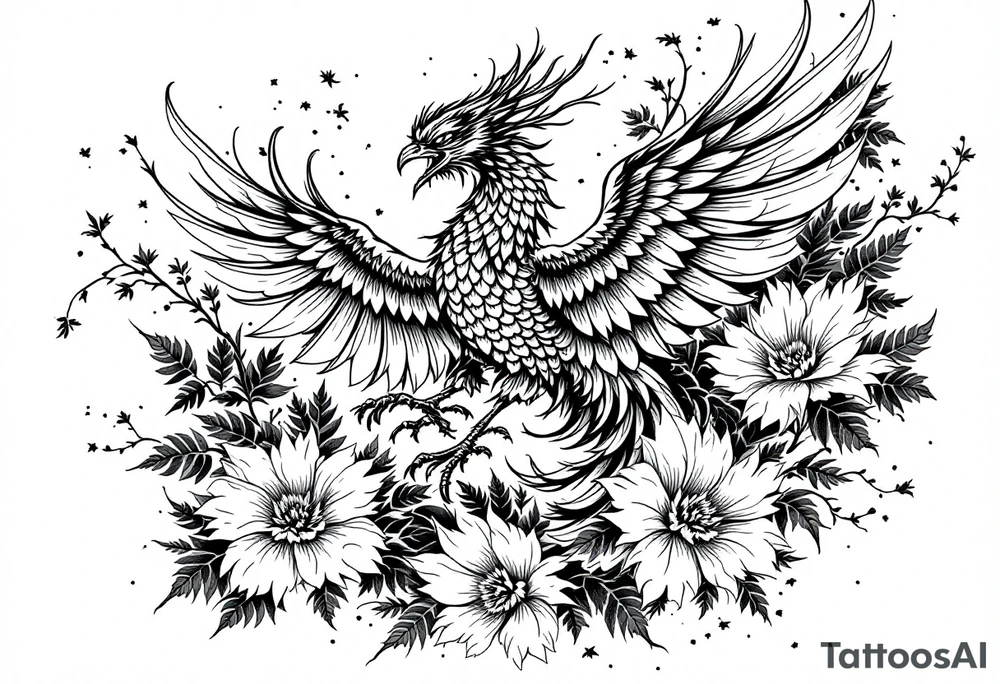 powerful japanese phoenix surrounded by maple leaf and cherry blossom tattoo idea