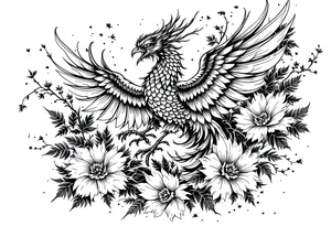 powerful japanese phoenix surrounded by maple leaf and cherry blossom tattoo idea