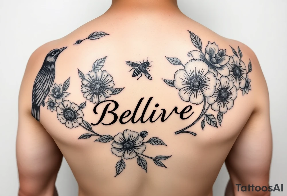 shoulder and three quarter sleeve.  Include crow, honey bee, dandelion puffball, daisy, poppy flower, hawaii flower, dragon flower, the word believe, sprite fairy, dog wood flower, dates: 01/20/85, 5/31/91, 6/10/99, surrounded by floral ornaments and leaves tattoo idea