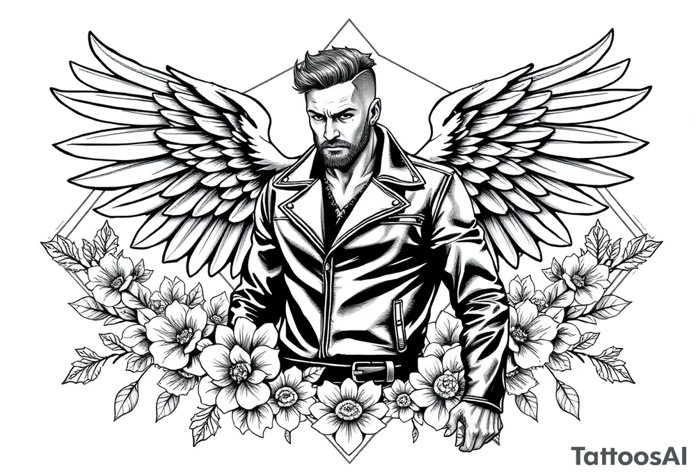 Strong powerful man with wings in leather surrounded by flowers and geometric boarder tattoo idea