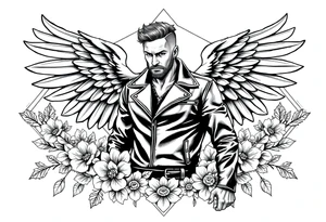 Strong powerful man with wings in leather surrounded by flowers and geometric boarder tattoo idea