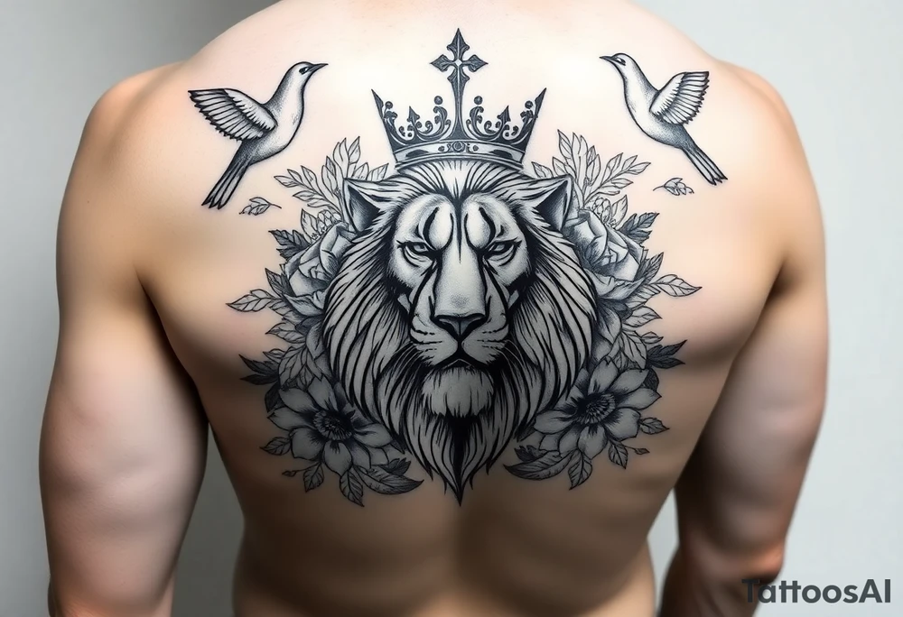 powerful majestic lion with a crown, surrounded by floral ornaments and birds tattoo idea