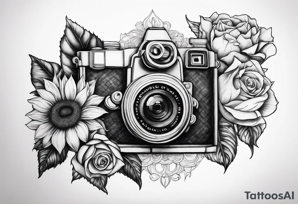 Sunflower, camera, book, owl, flower rose tattoo idea