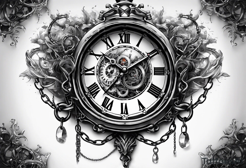 Extremely hyper realistic broken clock covered in chains that are growing tattoo idea Extremely hyper realistic broken clock covered in chains that are growing tattoo idea