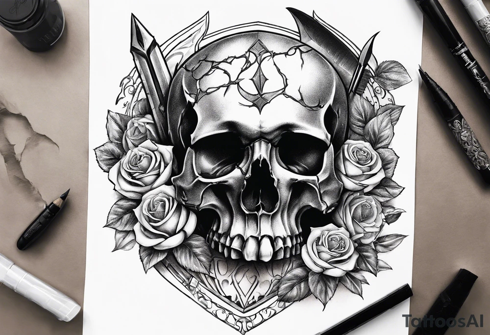 Gladius through broken skull with roses tattoo idea