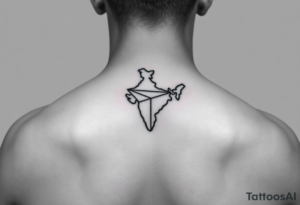 Small geometric triangle with a geometric paper plane in the shape of India with fine thin lines flying to the county of Guyana. tattoo idea