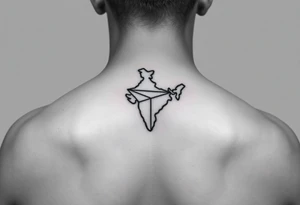 Small geometric triangle with a geometric paper plane in the shape of India with fine thin lines flying to the county of Guyana. tattoo idea