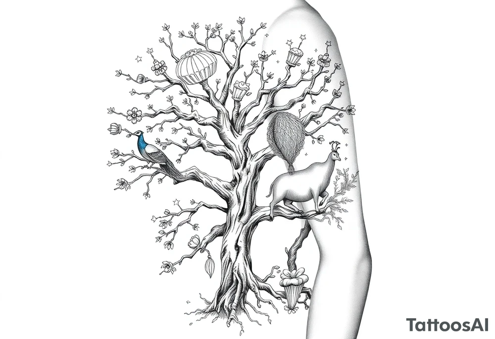 mystical tree  with cosmic  branches fat naked sexy woman , peacock , pig , cupcakes, sins,  Storm clouds, pig, peacock , fat sexy naked fat woman, cupcakes, noose , money, goat lion, man sex toys pussy dicks, cigerette storm lightening, killing, darkness death, violent majestic creatures and penis and vagina tattoo idea