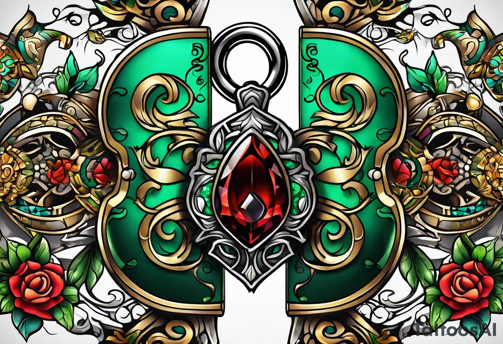 Lock and key with emerald stone tattoo idea