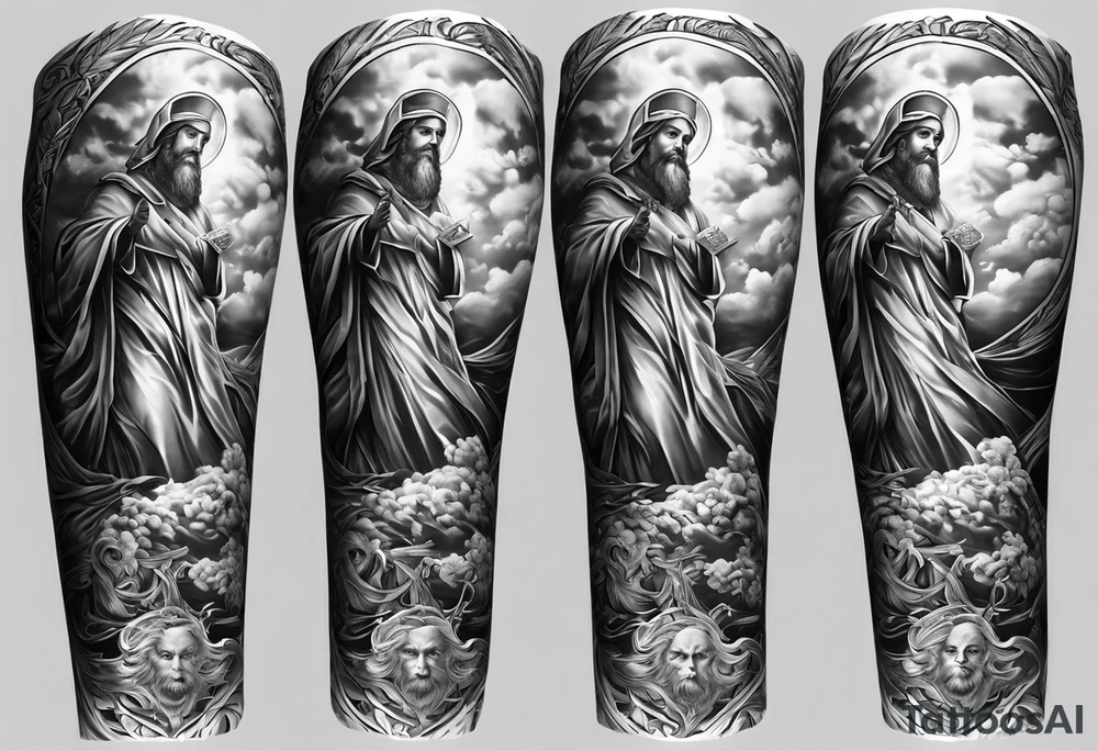 Forearm sleeve that is christian detailed and has saints make the tattoo have clouds as shading to connect it tattoo idea