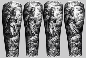Forearm sleeve that is christian detailed and has saints make the tattoo have clouds as shading to connect it tattoo idea